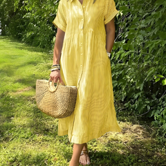 Marina™ Elegant Striped Maxi Shirt Dress with Pockets