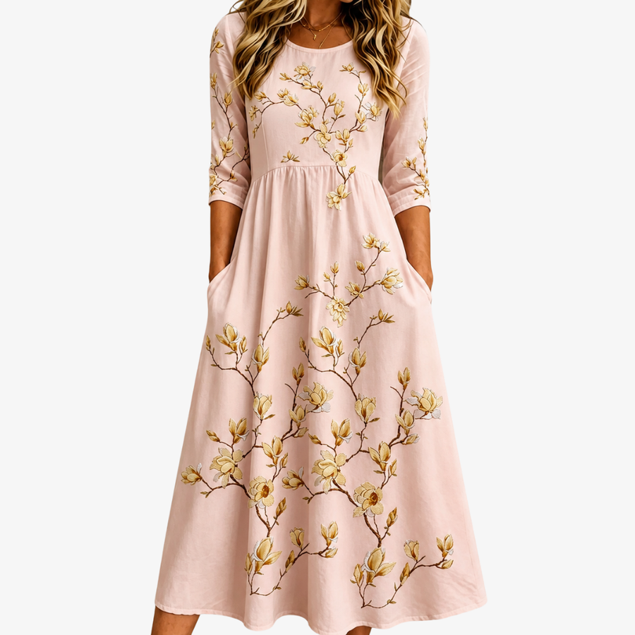 Golden Magnolia Blush Pocket Midi Dress