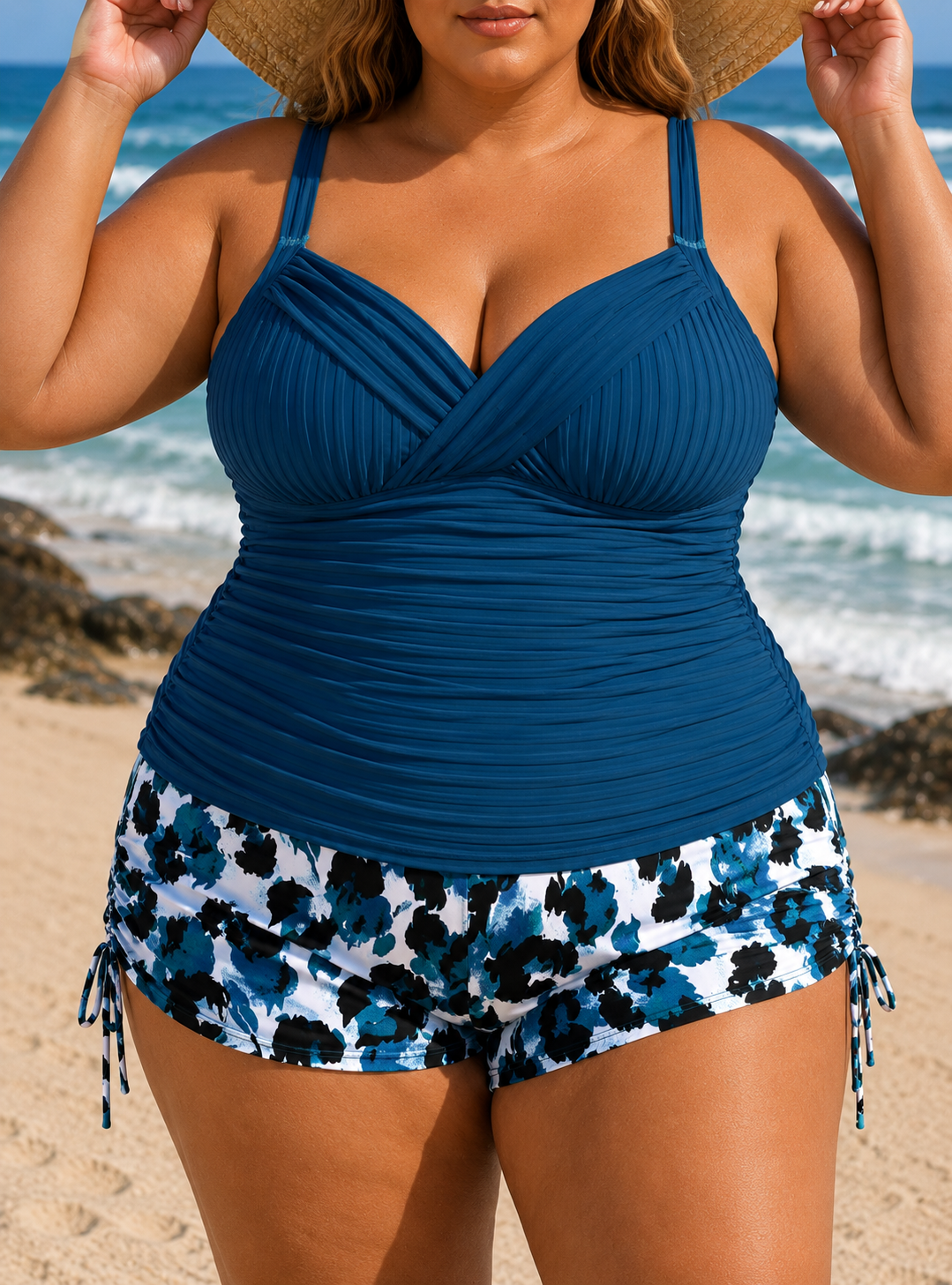 Luna | Plus Size Pleated Tankini Shorts Set