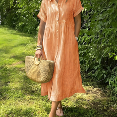 Marina™ Elegant Striped Maxi Shirt Dress with Pockets