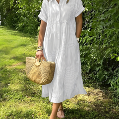Marina™ Elegant Striped Maxi Shirt Dress with Pockets