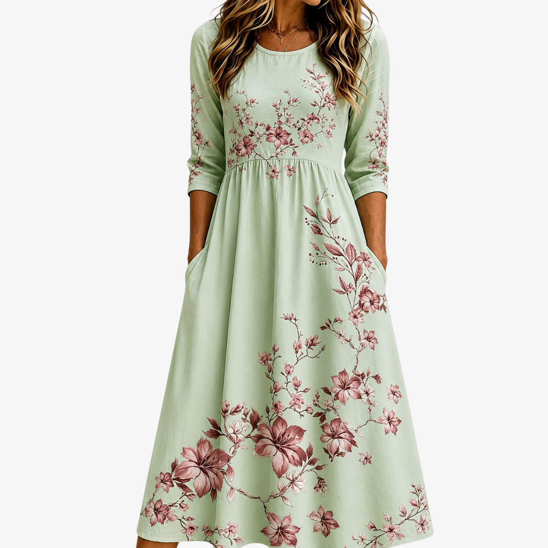 Sage Blossom Serenity Pocket Midi Dress
