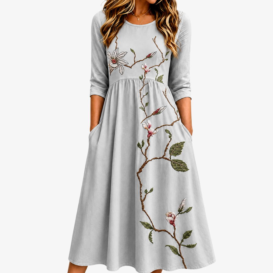 Silver Blossom Garden Pocket Midi Dress