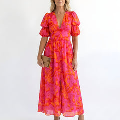 Samara | Floral V-Neck Puff Sleeve Midi Dress
