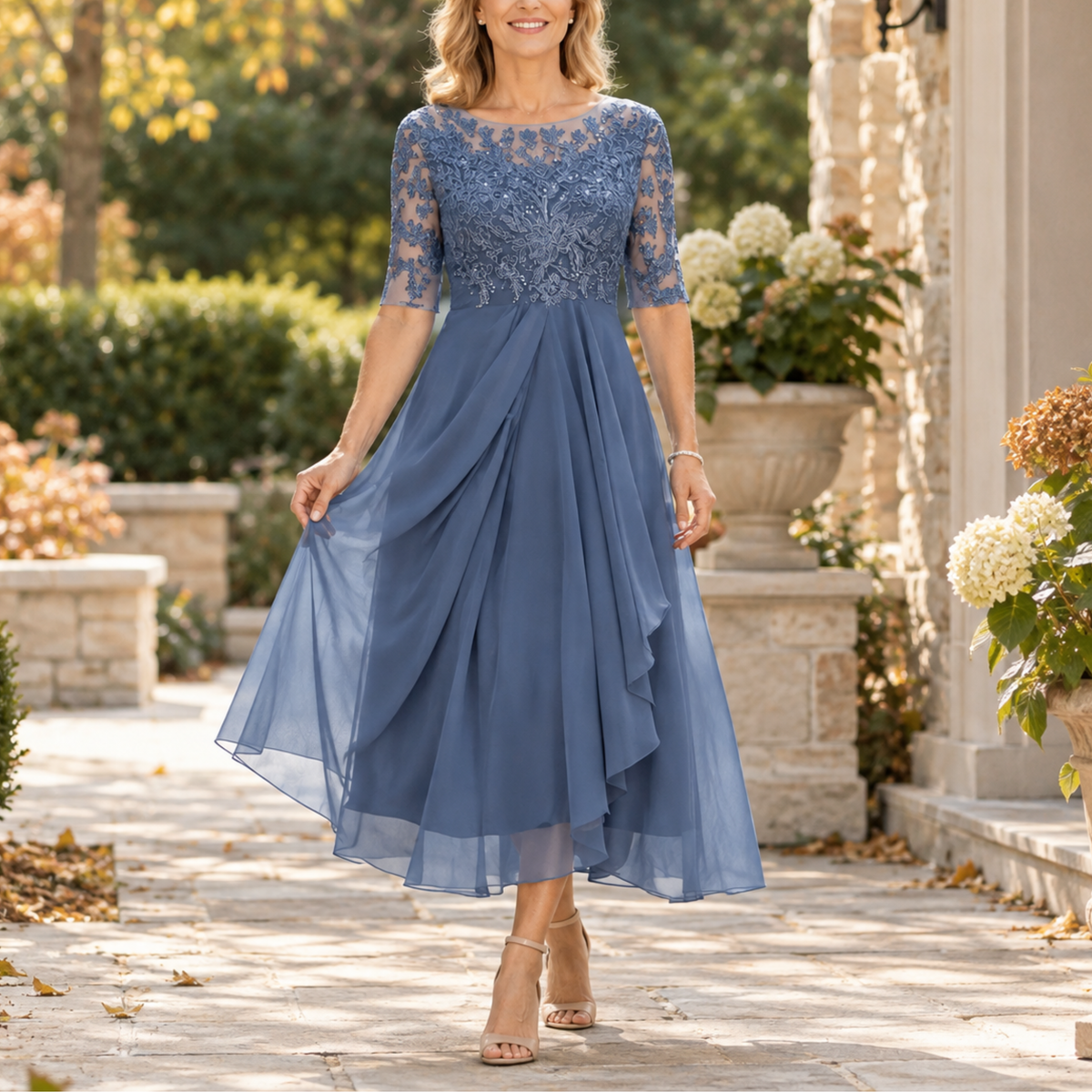 Avi Lace Bodice Draped Midi Dress