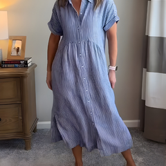 Marina™ Elegant Striped Maxi Shirt Dress with Pockets