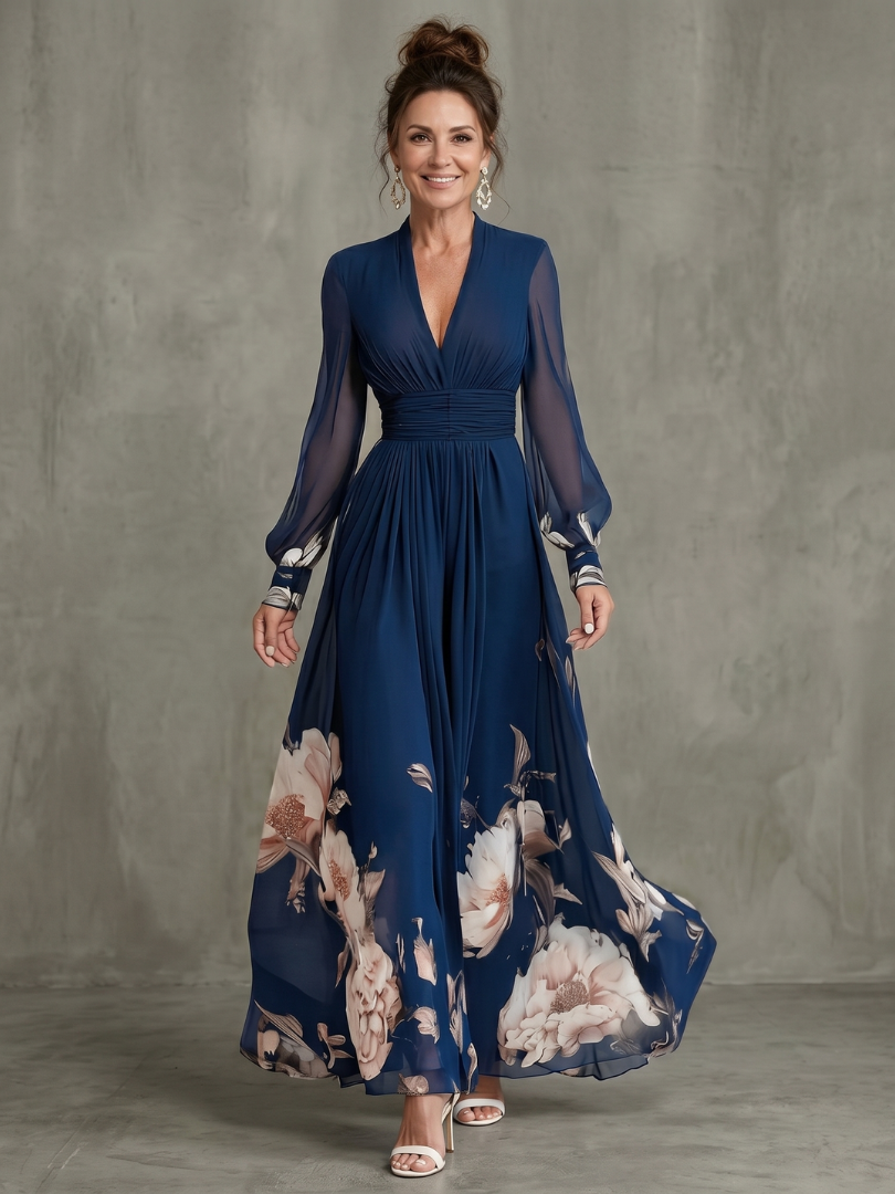 Ziva™ Pleated Sheer Sleeves Maxi Dress