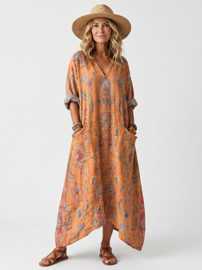 Romy™ Notch Neck Printed Oversized Pocket Midi Dress