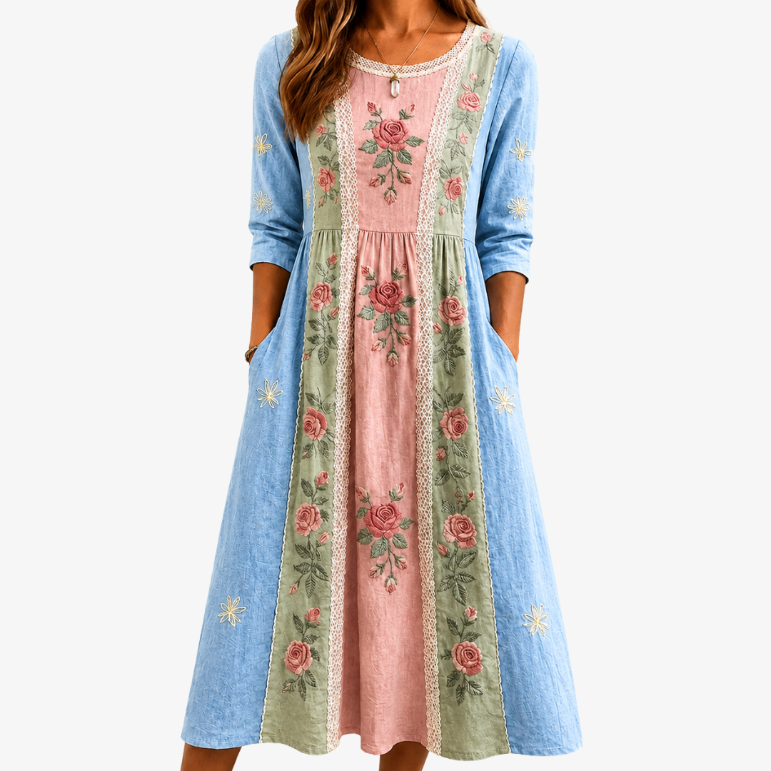 Vintage Rose Patchwork Garden Midi Dress