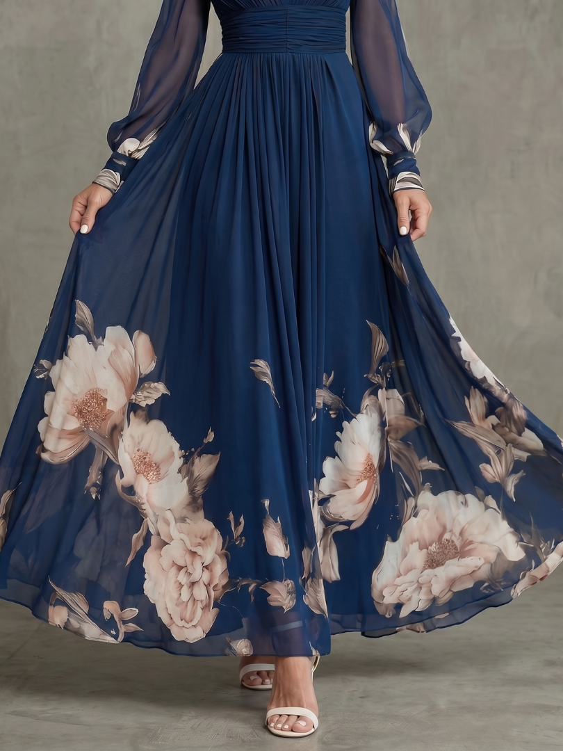 Ziva™ Pleated Sheer Sleeves Maxi Dress