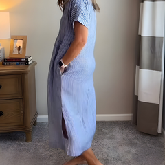 Marina™ Elegant Striped Maxi Shirt Dress with Pockets