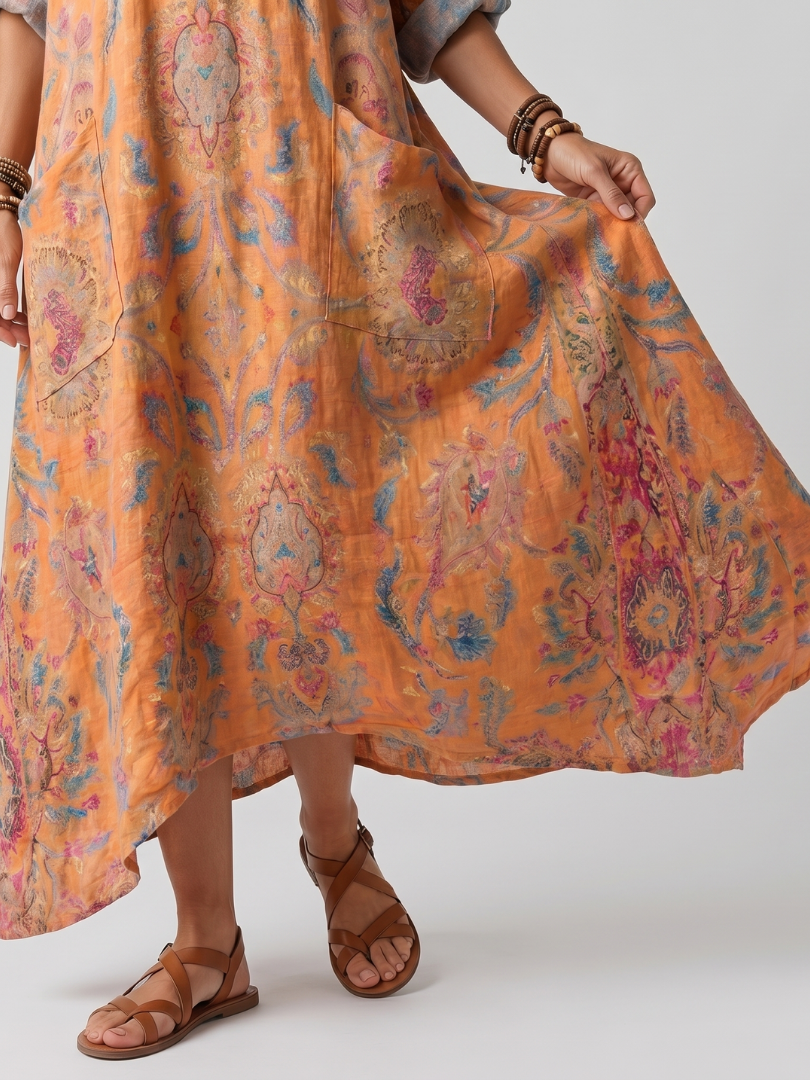 Romy™ Notch Neck Printed Oversized Pocket Midi Dress