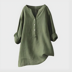 Veronique Elegant Cotton-Linen V-Neck Blouse