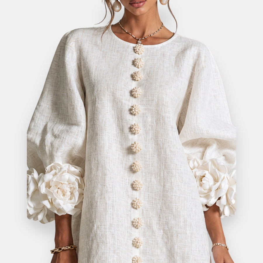 Marcelle™ Rosette Sleeve Linen Dress
