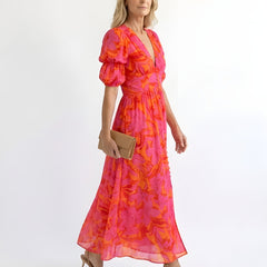 Samara | Floral V-Neck Puff Sleeve Midi Dress