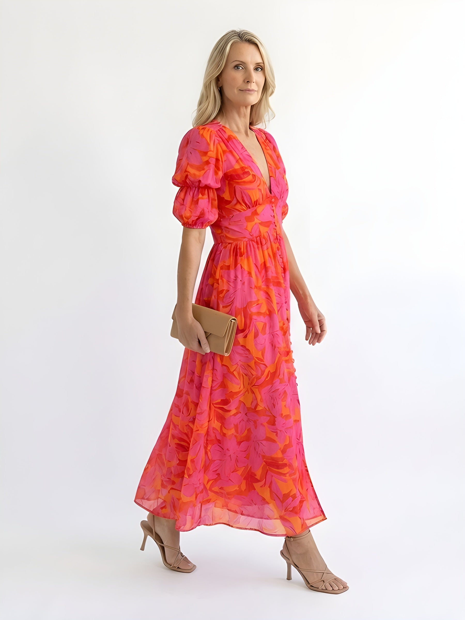 Samara | Floral V-Neck Puff Sleeve Midi Dress