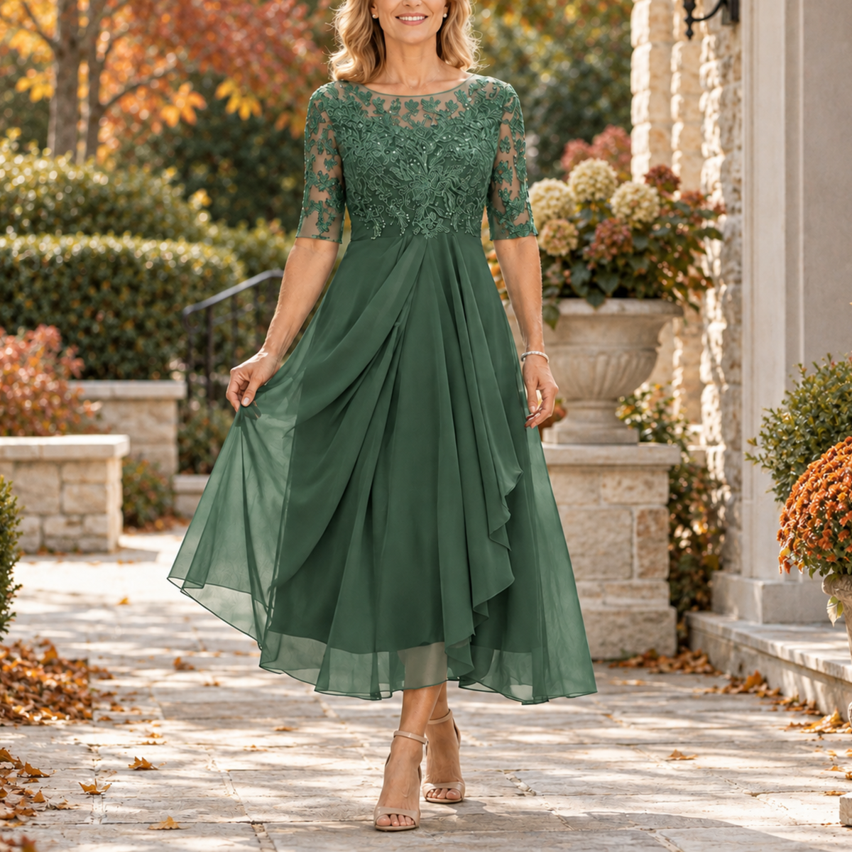 Avi Lace Bodice Draped Midi Dress