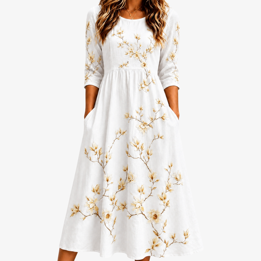 Ivory Golden Blossom Pocket Midi Dress