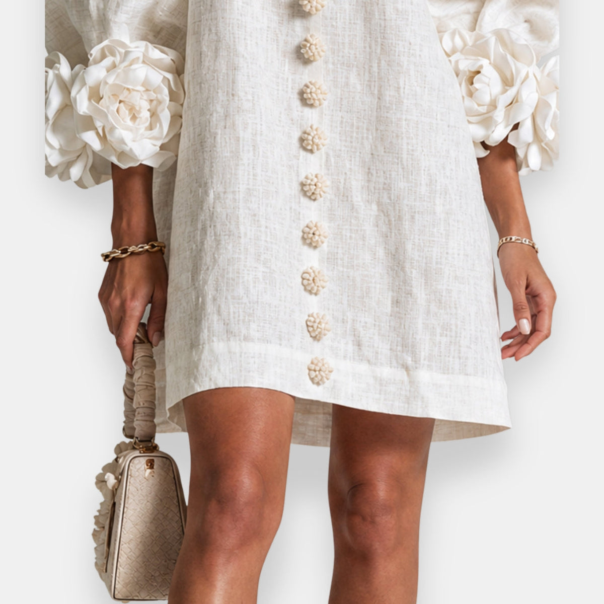 Marcelle™ Rosette Sleeve Linen Dress