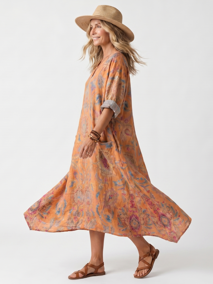 Romy™ Notch Neck Printed Oversized Pocket Midi Dress