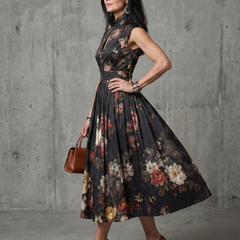 Greta | High Neck Keyhole Floral Pleated Midi Dress
