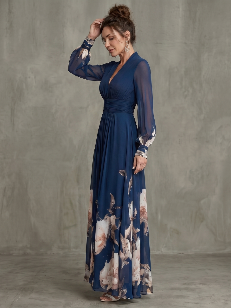 Ziva™ Pleated Sheer Sleeves Maxi Dress