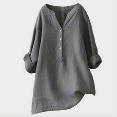 Veronique Elegant Cotton-Linen V-Neck Blouse