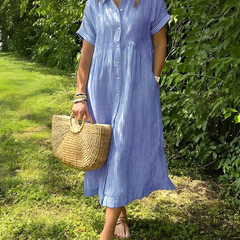 Marina™ Elegant Striped Maxi Shirt Dress with Pockets