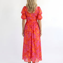 Samara | Floral V-Neck Puff Sleeve Midi Dress