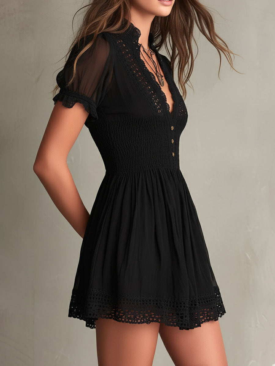 Lucienne™ Smocked Trim Black Mini Dress