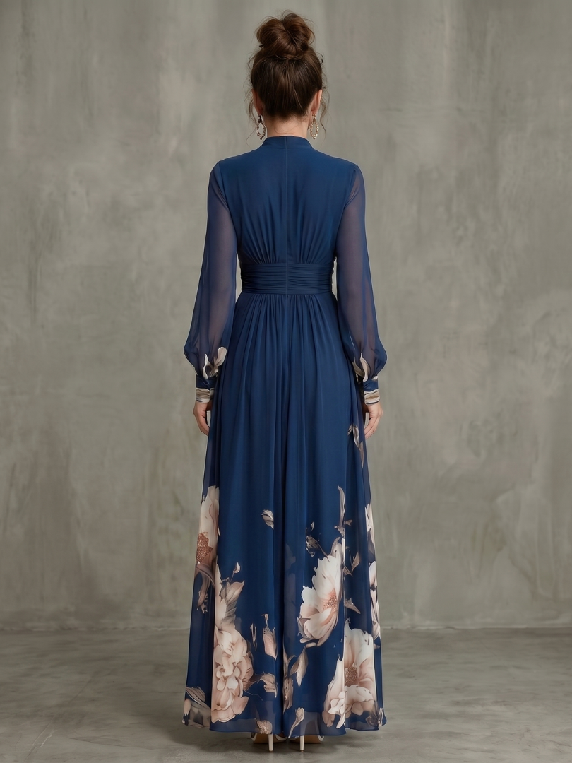 Ziva™ Pleated Sheer Sleeves Maxi Dress