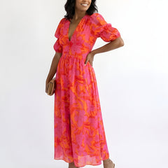 Samara | Floral V-Neck Puff Sleeve Midi Dress