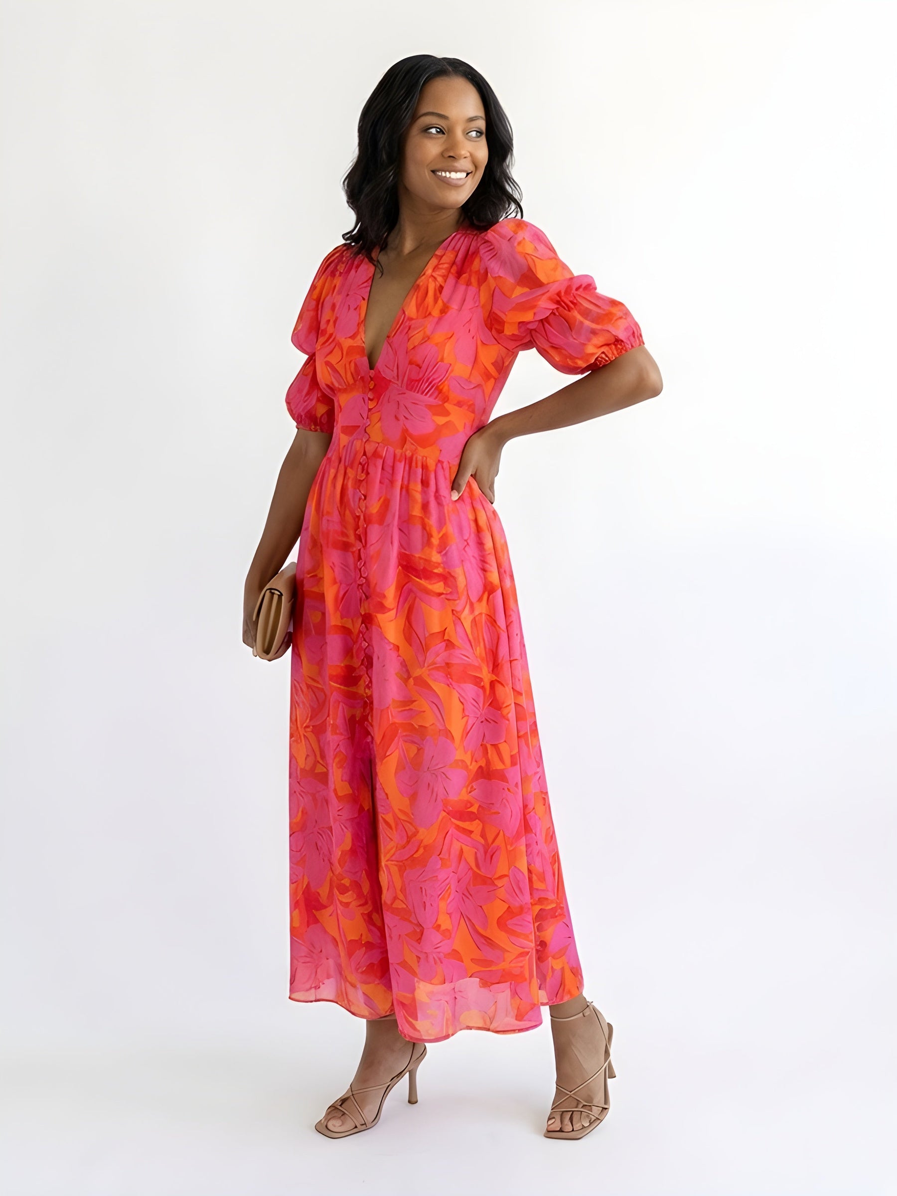 Samara | Floral V-Neck Puff Sleeve Midi Dress