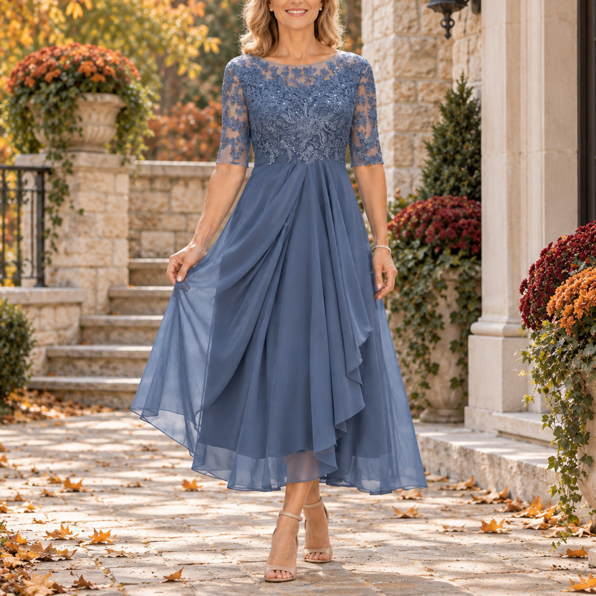 Avi Lace Bodice Draped Midi Dress