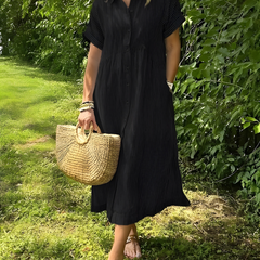 Marina™ Elegant Striped Maxi Shirt Dress with Pockets