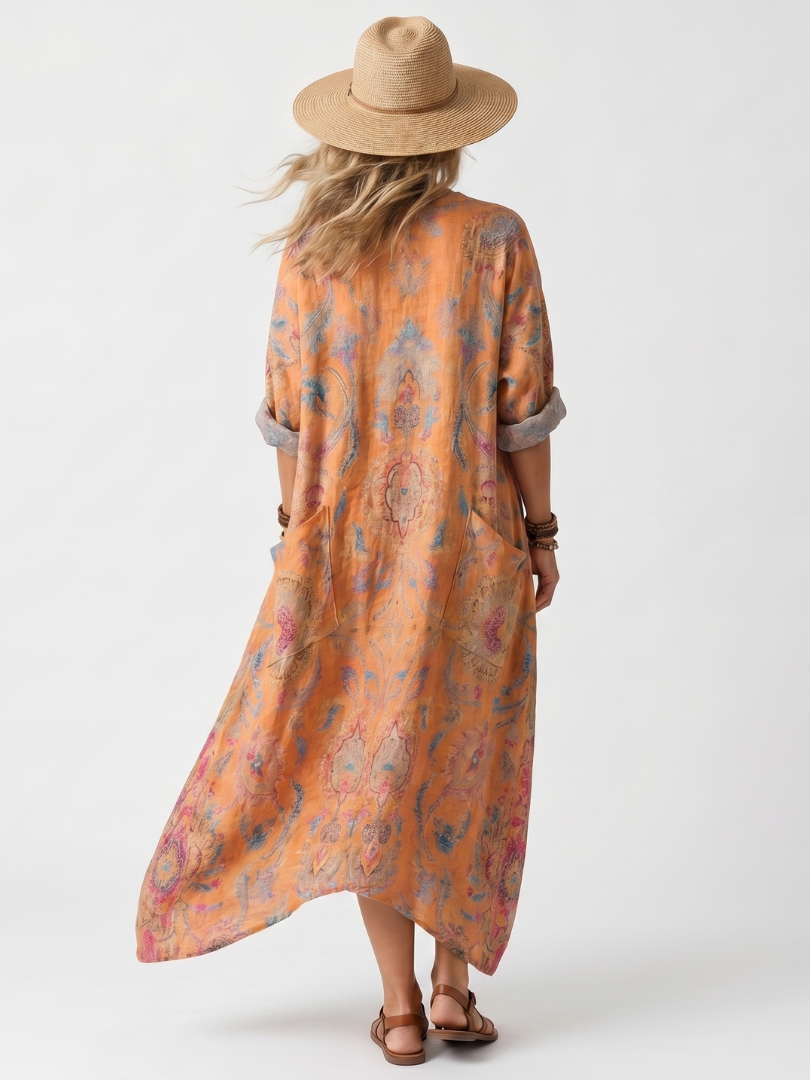 Romy™ Notch Neck Printed Oversized Pocket Midi Dress