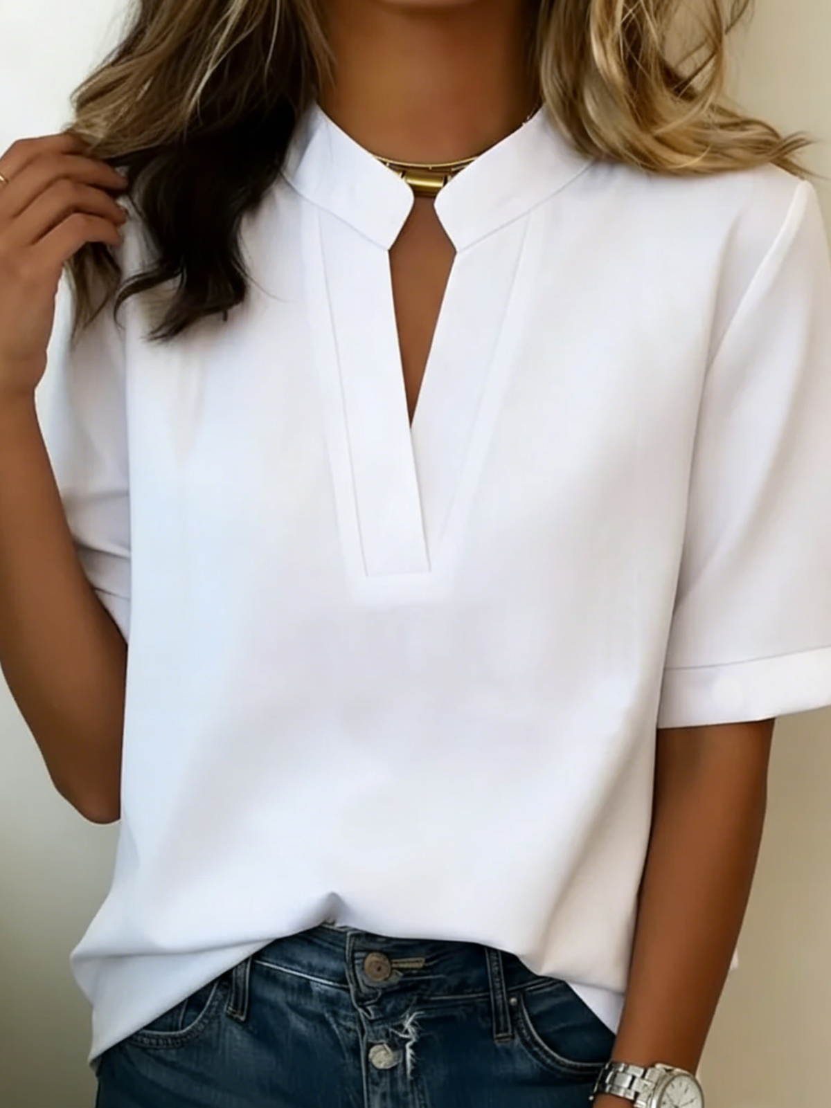 Margaux™ Chic V-Neck Blouse with Gold Detail