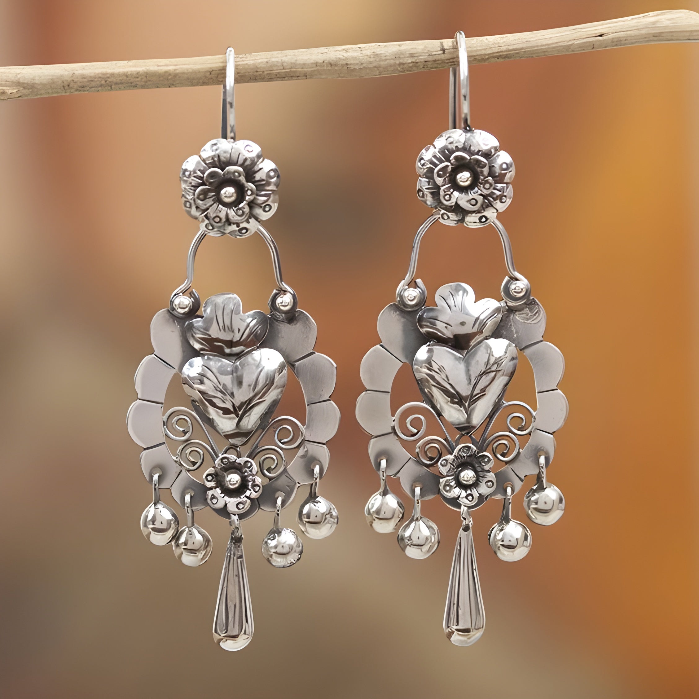 Vintage Silver Floral Chandelier Earrings