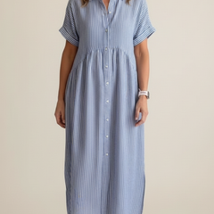 Marina™ Elegant Striped Maxi Shirt Dress with Pockets