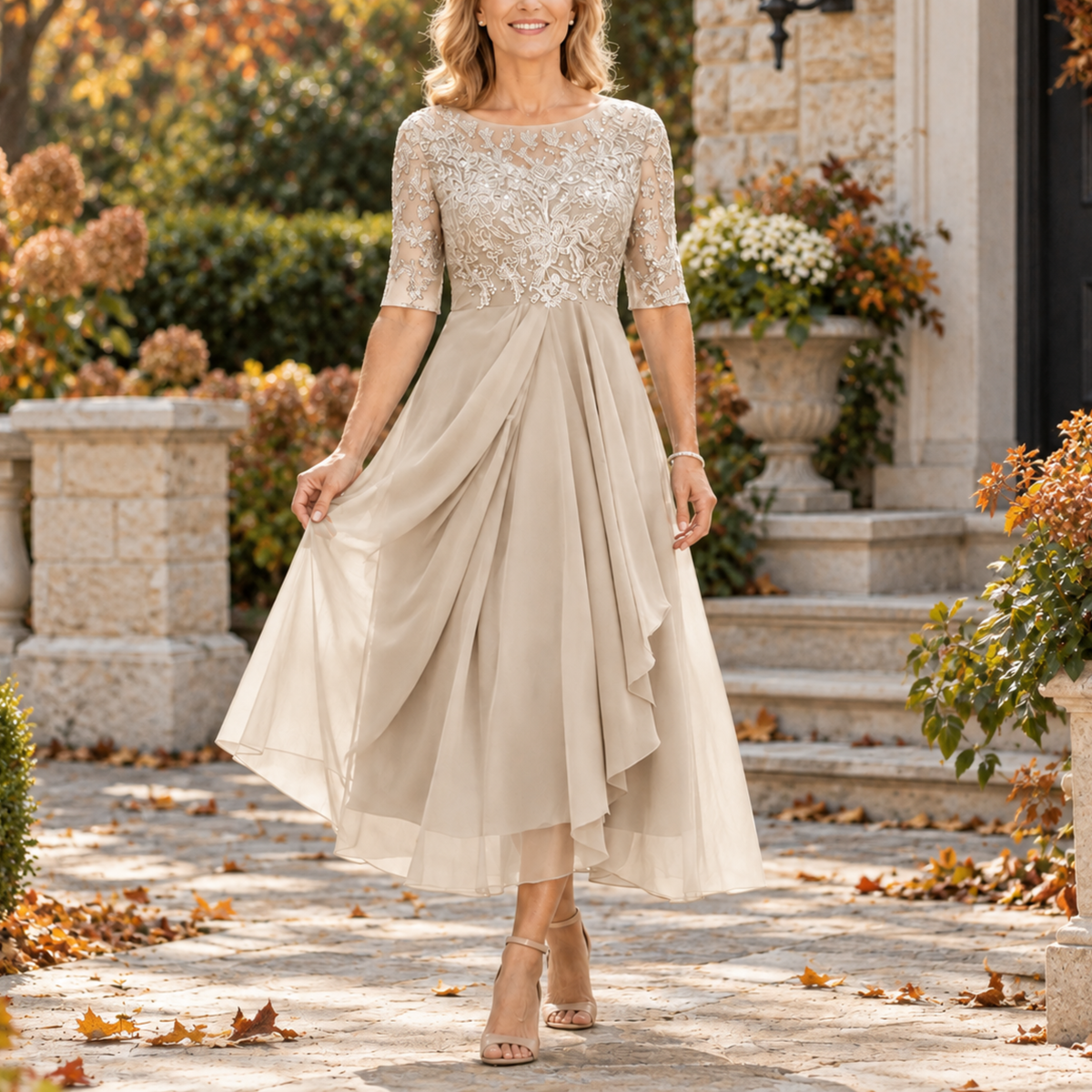 Avi Lace Bodice Draped Midi Dress