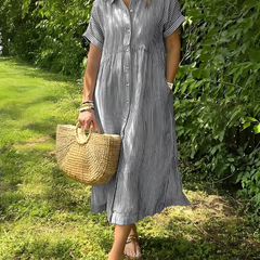 Marina™ Elegant Striped Maxi Shirt Dress with Pockets