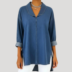 Camille™ Faux Denim Shawl Collar Blouse