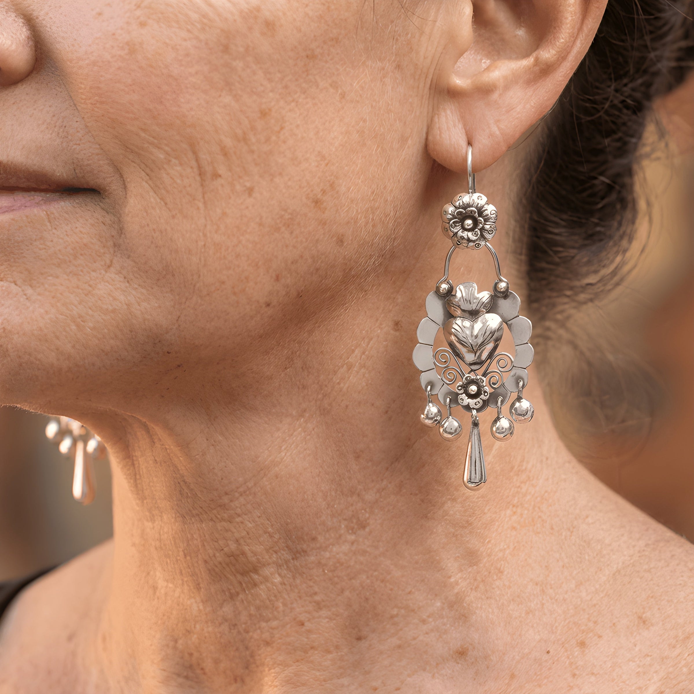 Vintage Silver Floral Chandelier Earrings