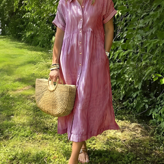 Marina™ Elegant Striped Maxi Shirt Dress with Pockets