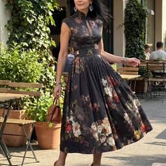 Greta | High Neck Keyhole Floral Pleated Midi Dress