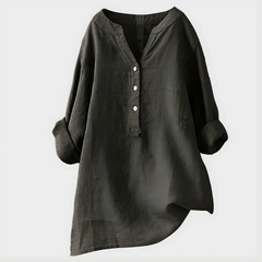 Veronique Elegant Cotton-Linen V-Neck Blouse