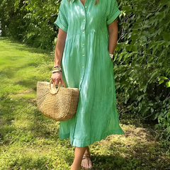 Marina™ Elegant Striped Maxi Shirt Dress with Pockets