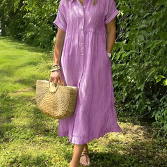 Marina™ Elegant Striped Maxi Shirt Dress with Pockets