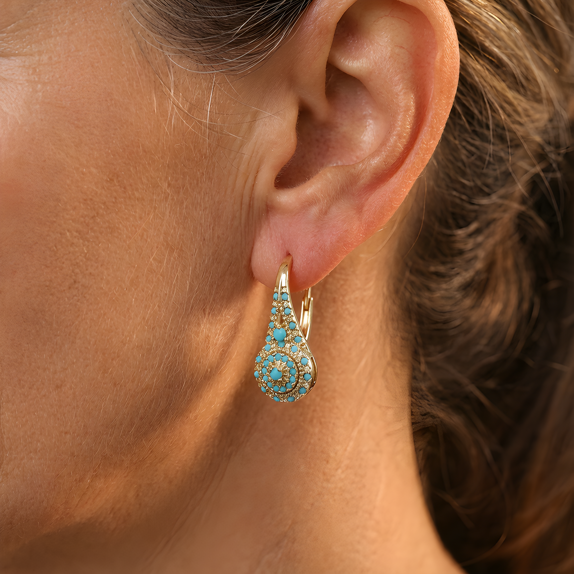 Turquoise Mosaic Teardrop Gold Earrings