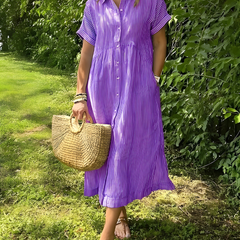 Marina™ Elegant Striped Maxi Shirt Dress with Pockets